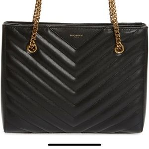 Saint Laurent Black Chevron Shoulder Bag with Gold Chain